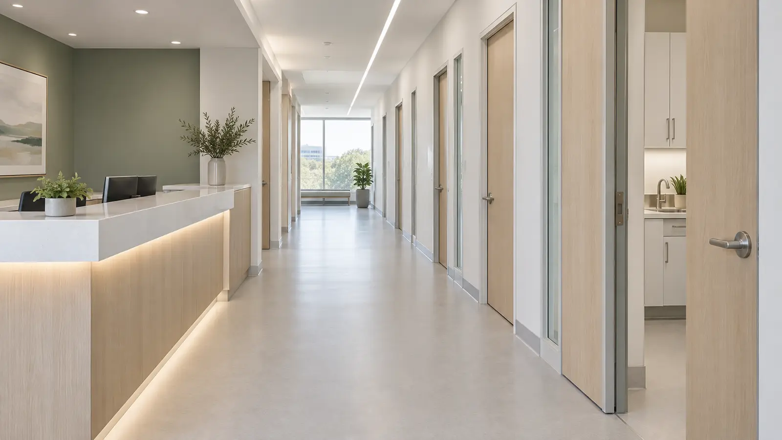 Newly finished corridor of a medical office suite with a row of exam room doors, a quartz-topped nurse station, pale wood panels and soft even daylight