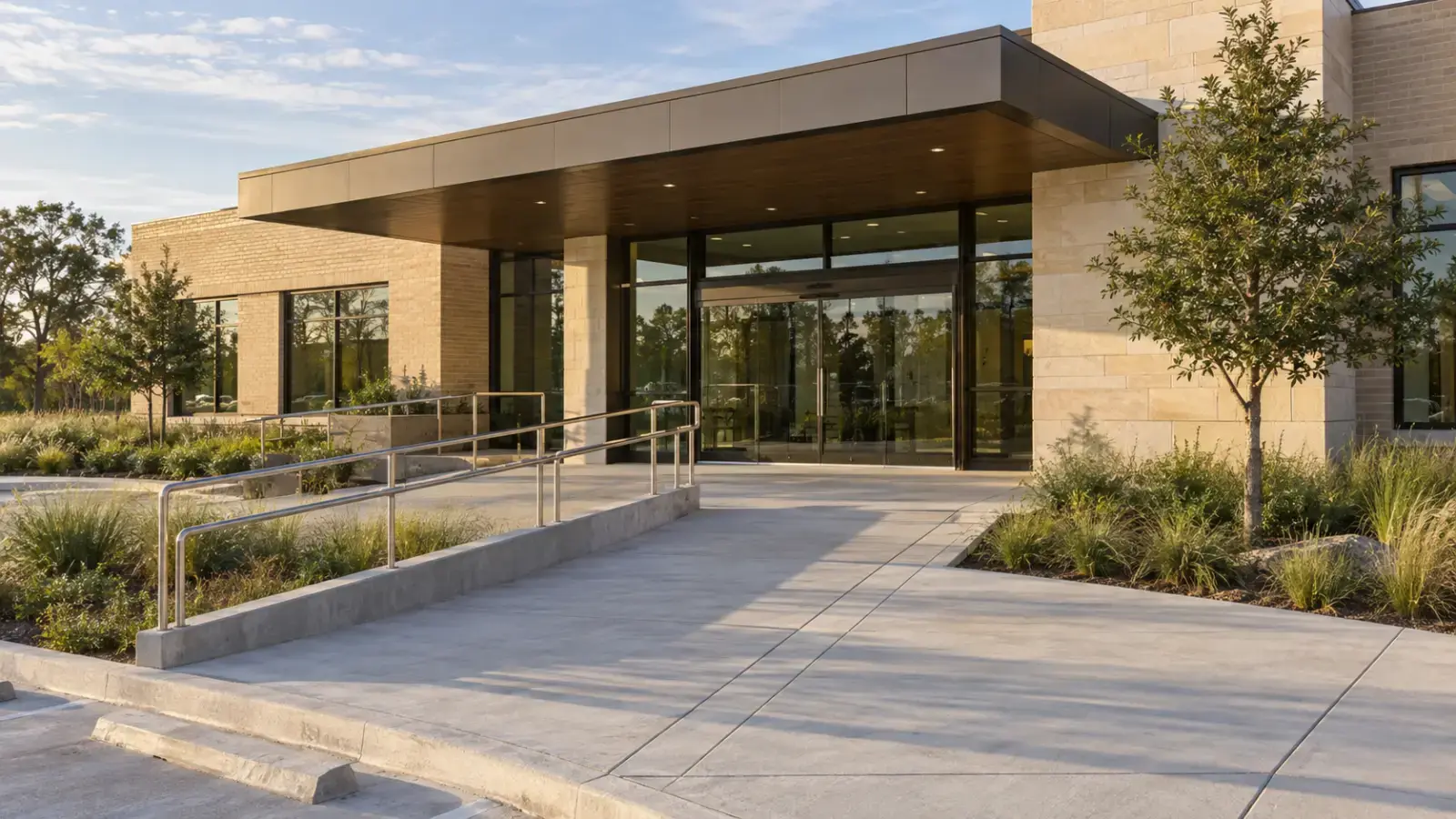 Entrance of a newly completed single-story commercial building in Texas with a gently sloped concrete ramp, brushed stainless handrails and wide automatic glass doors in morning light