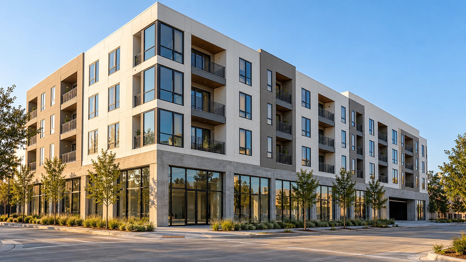 A 5-story apartment building on a street corner: 4 floors of white and warm grey panel cladding with dark-framed windows and small balconies, sitting on a ground floor of board-formed concrete with tall empty storefront glass and a dark garage opening at the far end, lined with young trees and native grasses under a clear blue sky in low morning sun