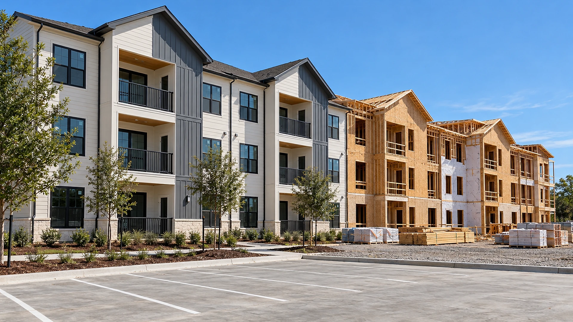 A row of 3-story apartment buildings in bright midday sun: on the left, finished buildings with white lap siding, dark grey vertical panels, black-framed windows and black metal balconies behind young trees and fresh landscaping; on the right, the next buildings still in bare wood framing and tan sheathing with patches of white wrap, with wrapped pallets and stacks of lumber on a gravel yard; an empty, freshly striped parking lot fills the foreground