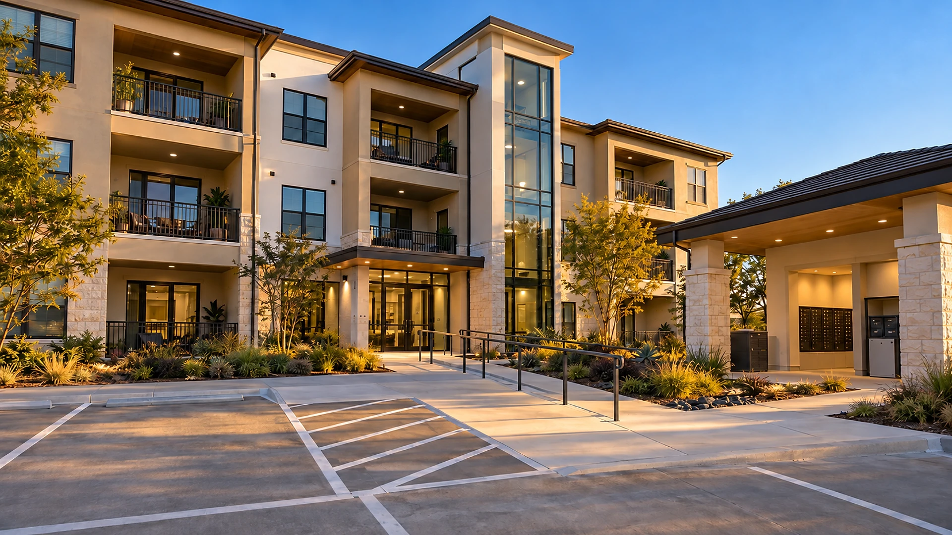 A new 3-storey apartment building in sand-colored stucco and pale stone at golden hour, with dark-framed windows, covered balconies and a tall glass elevator tower. In front, a striped accessible parking space leads onto a wide concrete walkway with metal handrails that slopes gently up to a step-free glass entry under a flat canopy, between low native plantings. At the right, a stone-columned covered pavilion holds a wall of mailboxes.