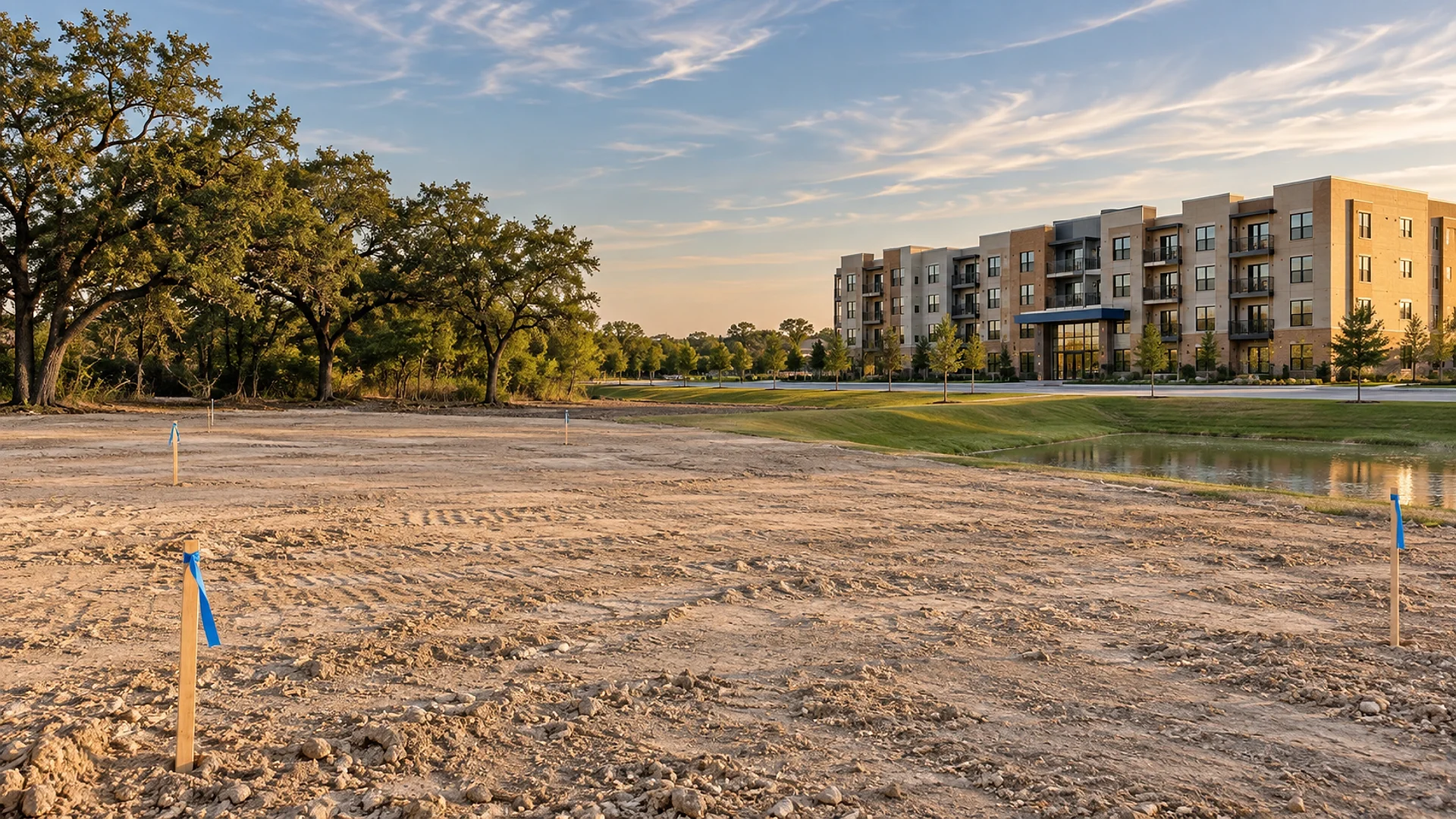A cleared, freshly graded development parcel of pale soil in warm late-afternoon light, with wooden survey stakes tied with blue ribbon in the foreground, a stand of mature live oaks kept along the left edge, a stormwater pond with grassy sloped sides at the right, and a newly finished 4-story apartment building of tan brick and light panels with a glass entry under a blue canopy across the street