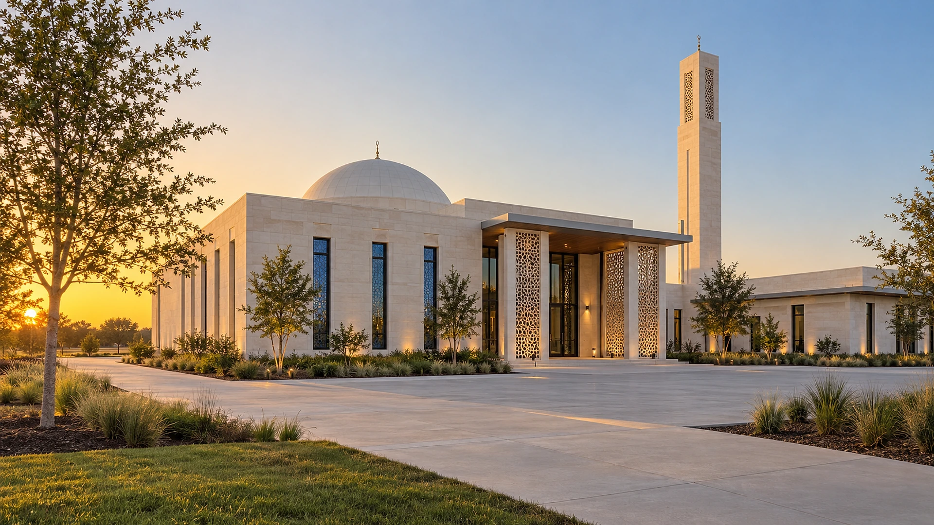 A new pale limestone mosque at sunset with a white dome, a tall square minaret, narrow vertical windows, an entry canopy flanked by carved geometric lattice screens, a lower wing to the right, young trees, native grasses and a wide empty concrete forecourt
