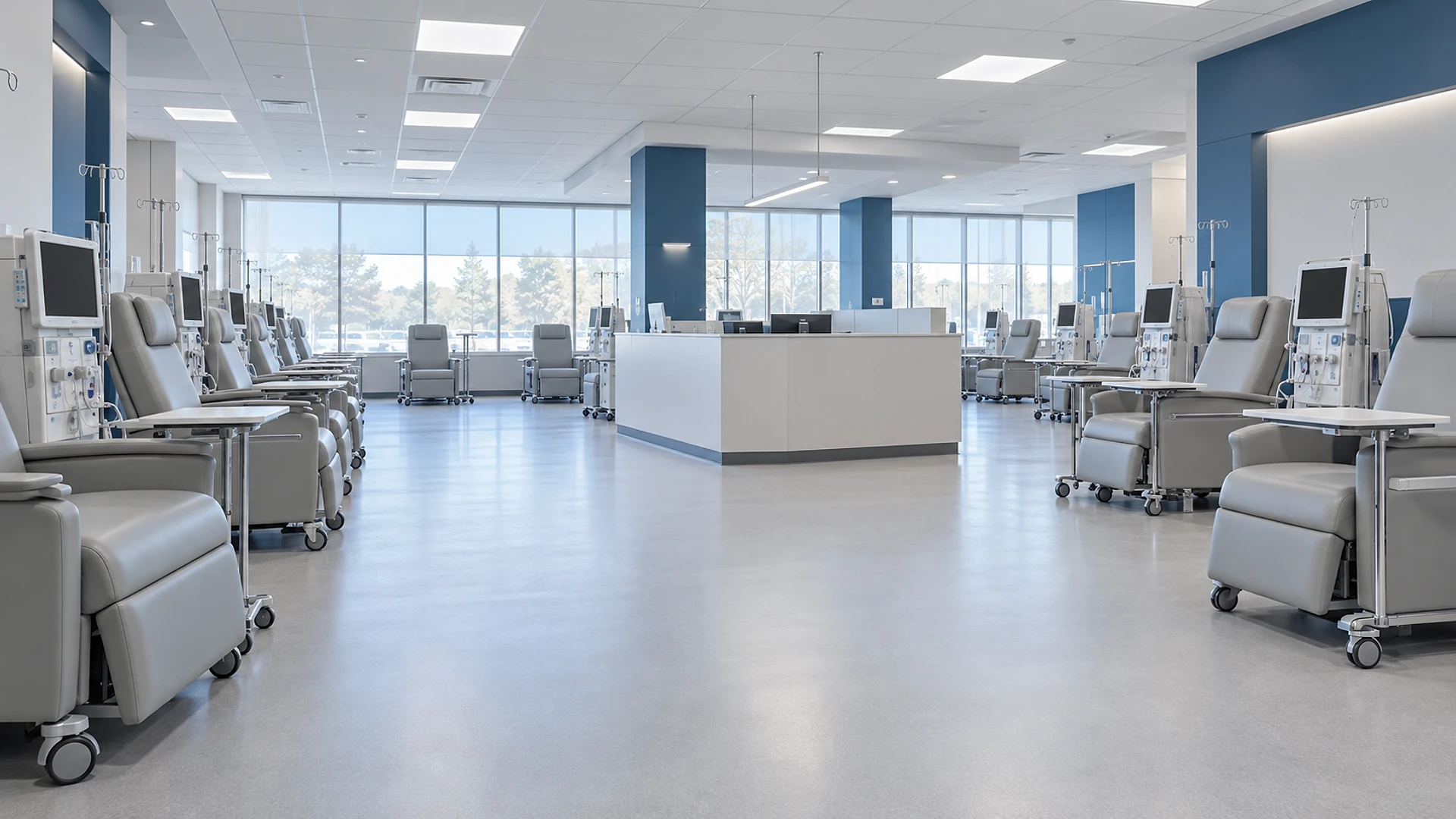 A bright, empty dialysis treatment floor. Rows of grey reclining treatment chairs line both sides, each beside a white dialysis machine with a dark, switched-off screen, an IV pole and a small wheeled tray table. A white nurse station counter stands in the middle of the room, framed by sapphire blue columns and accent walls, under a white tile ceiling with flat LED panels, with a wall of tall windows at the far end looking out to trees and a parking lot