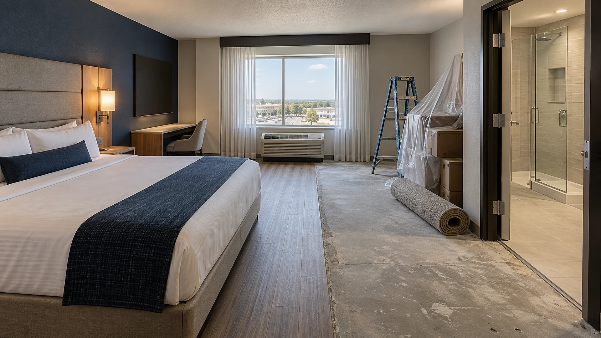 A hotel guest room halfway through a renovation. On the left, a finished king bed with white bedding and a navy runner stands against an upholstered headboard and a dark navy wall with a lit wall sconce, a blank wall-mounted TV and a wood desk with a chair, all on new wood-look plank flooring. On the right, the floor is bare concrete, with a rolled carpet, a blue step ladder and boxed furniture under plastic sheeting. A wall AC unit sits under a wide window with sheer curtains looking over a parking lot, and an open door shows a new glass walk-in shower.