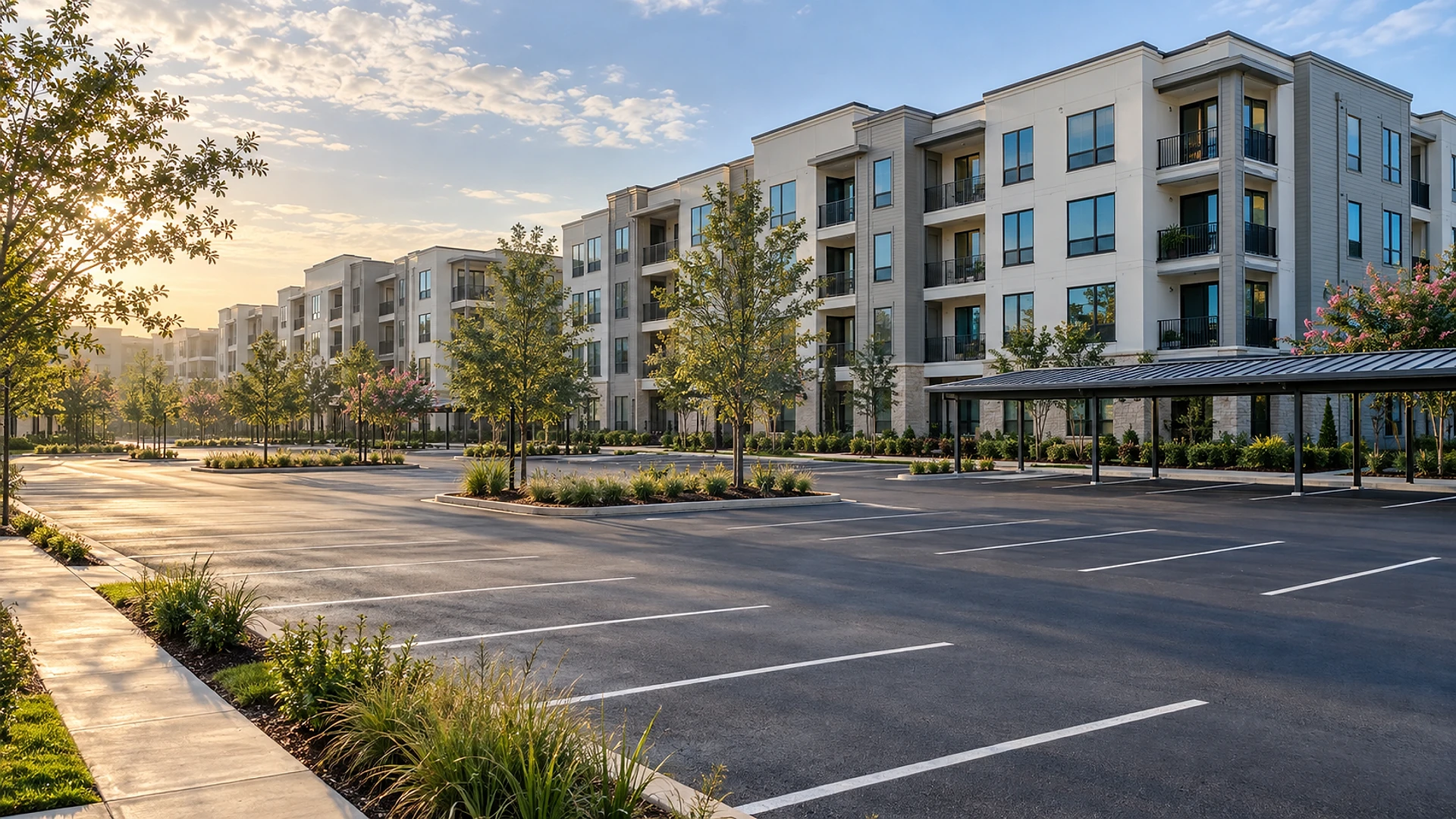An empty, freshly paved apartment parking lot at sunrise, with white-striped spaces, planted islands of young trees and grasses, a dark metal carport along one side, and a long row of 4-story apartment buildings in white and grey siding with dark window frames and small balconies stretching back into the distance