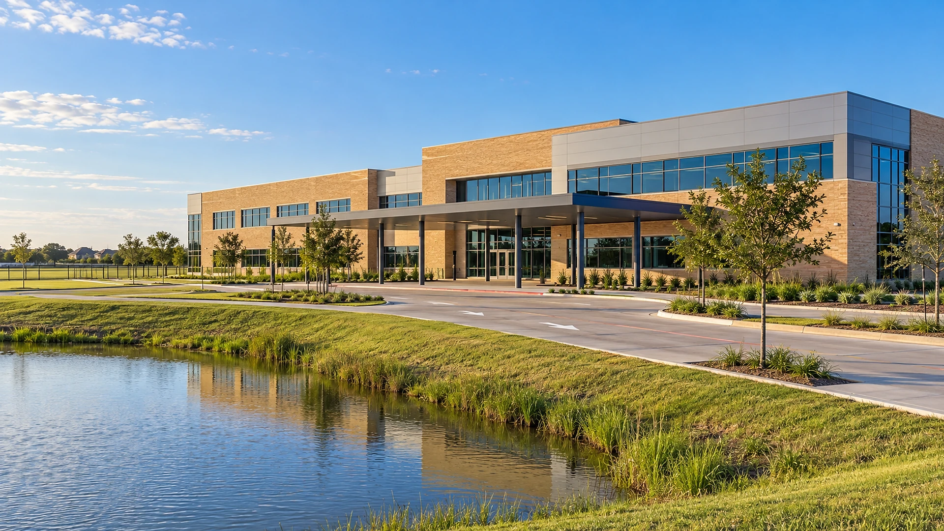 A new 2-story school building of tan brick and grey metal panels with long window bands and a deep steel canopy over the front entrance, a curving concrete drop-off drive with painted arrows and no cars, young trees in planted strips, a fenced grass play field at the far left, and a grassy stormwater pond with reeds in the foreground under a clear blue morning sky