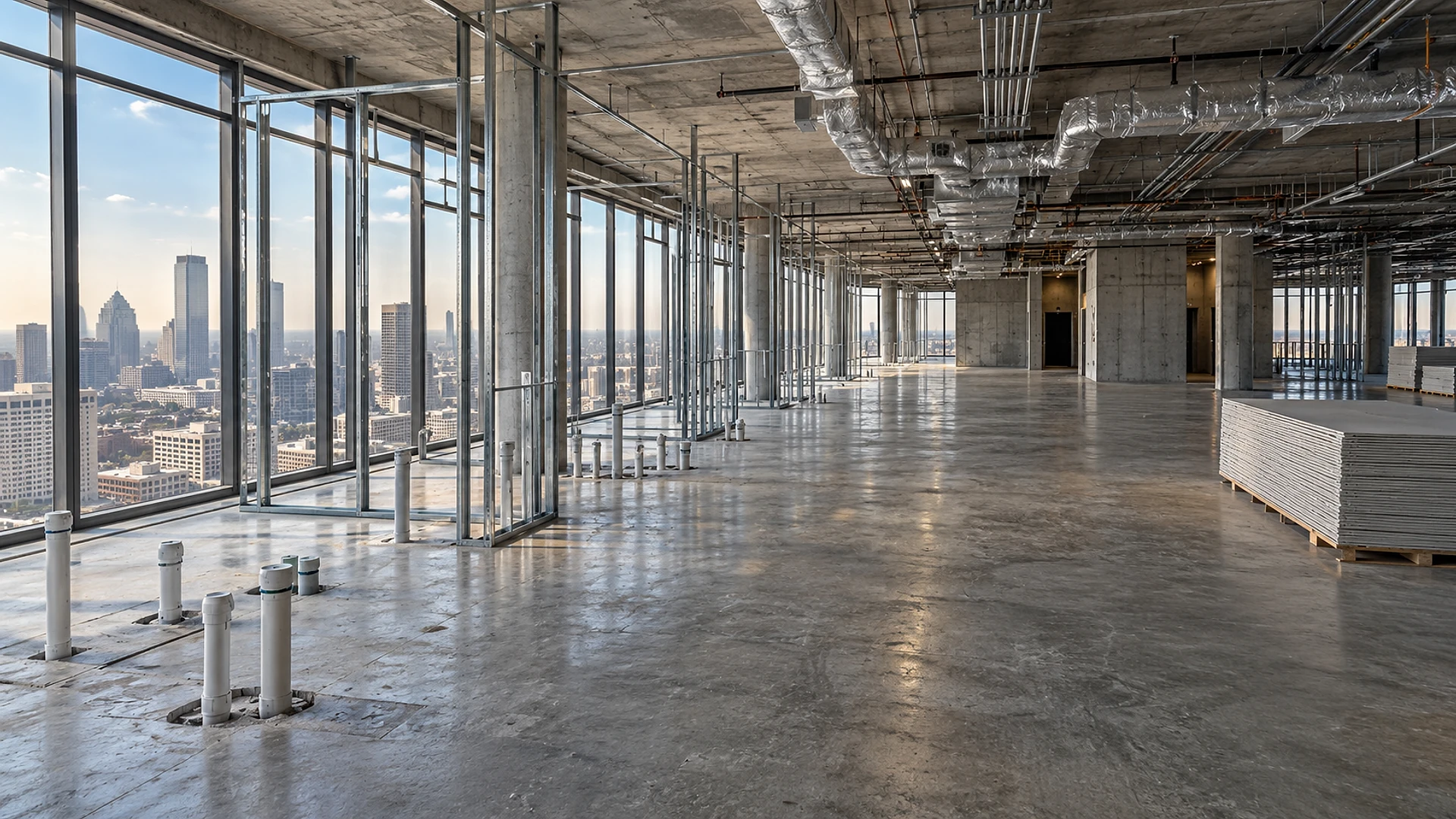 An upper floor of an office tower stripped to polished concrete during a conversion to apartments. Floor-to-ceiling windows on the left look out over a downtown skyline under a blue sky. Along the glass, new metal stud framing marks out future rooms, and white plastic pipe stubs rise from cored holes in the slab. Concrete columns run deep into the floor toward a concrete core with open elevator and stair doorways, under silver ductwork and conduit on the exposed ceiling. Stacks of drywall boards sit on pallets to the right.