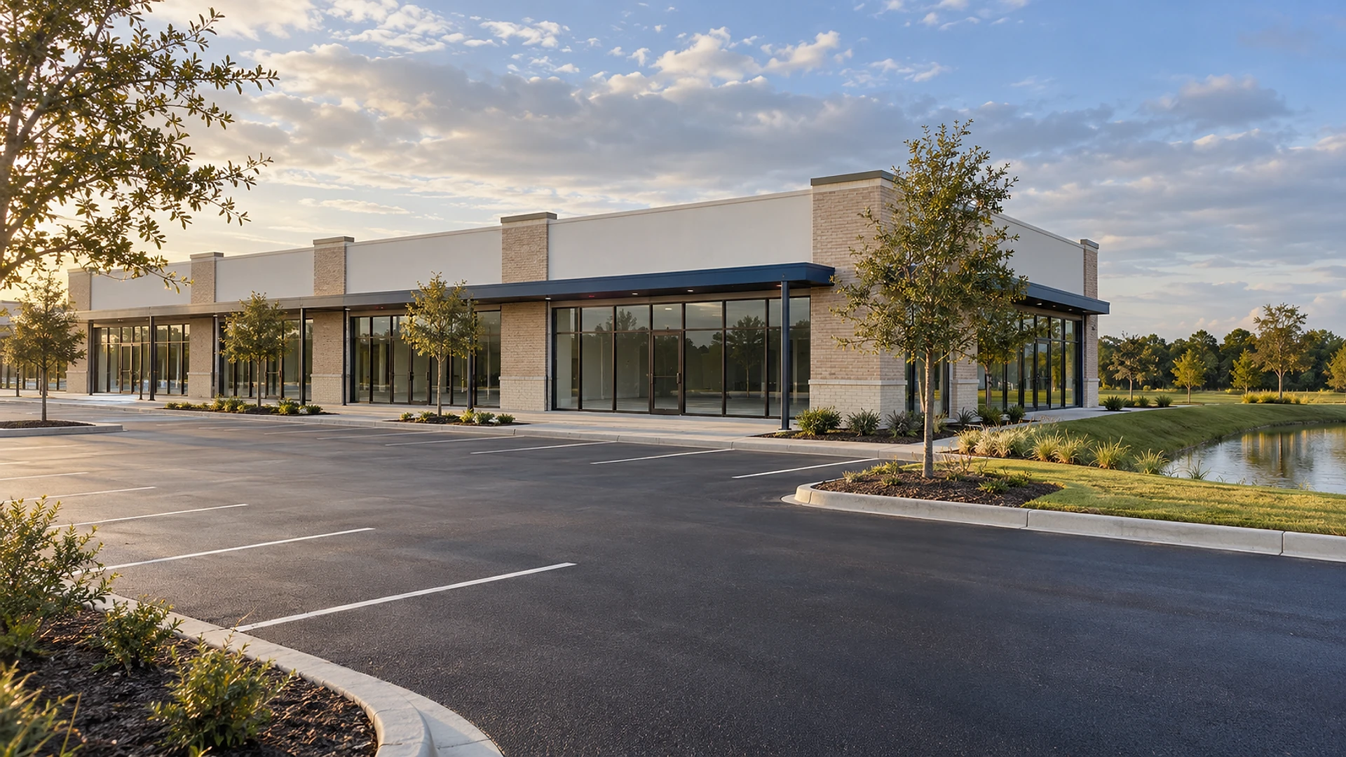 A newly finished single-story retail strip center in low golden light, with light tan brick piers, a white stucco parapet, a dark navy steel canopy over empty floor-to-ceiling glass storefronts, young trees along the front walk, an empty freshly striped asphalt parking lot with a curbed planting island in the foreground, and a grassy-banked stormwater pond at the right edge