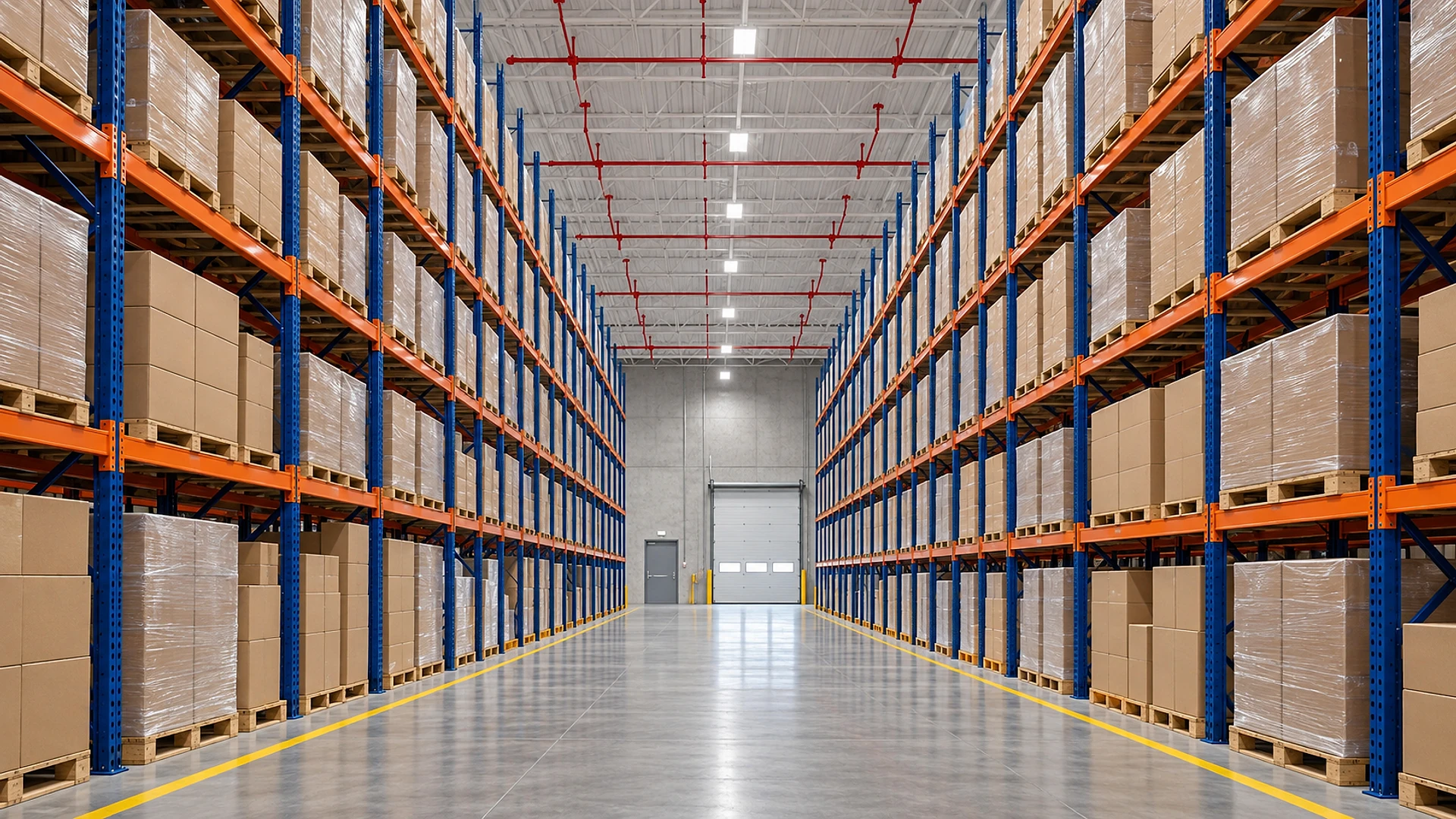 Looking down a long, empty warehouse aisle between 2 towering rows of blue steel pallet racks with orange beams, stacked high with plain cardboard boxes and shrink-wrapped pallets. Overhead, red sprinkler pipes and square LED lights run along a white steel roof with open joists, with a clear gap above the top of the racks. A polished grey concrete floor with yellow aisle lines leads to a grey concrete end wall with a plain steel door and a closed white roll-up dock door