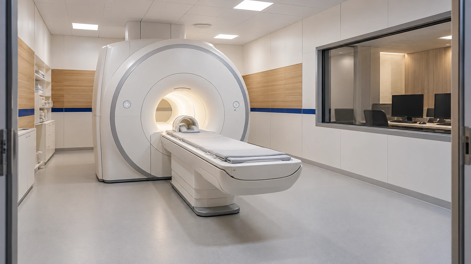 A bright, empty MRI scanning room seen through an open doorway: a large white MRI scanner with a padded patient table in the centre, white wall panels with a band of light oak panelling and a thin deep blue stripe, pale grey seamless floor, square ceiling lights, white storage cabinets on the left, and a wide observation window on the right looking into a control room with desks, chairs and switched-off monitors