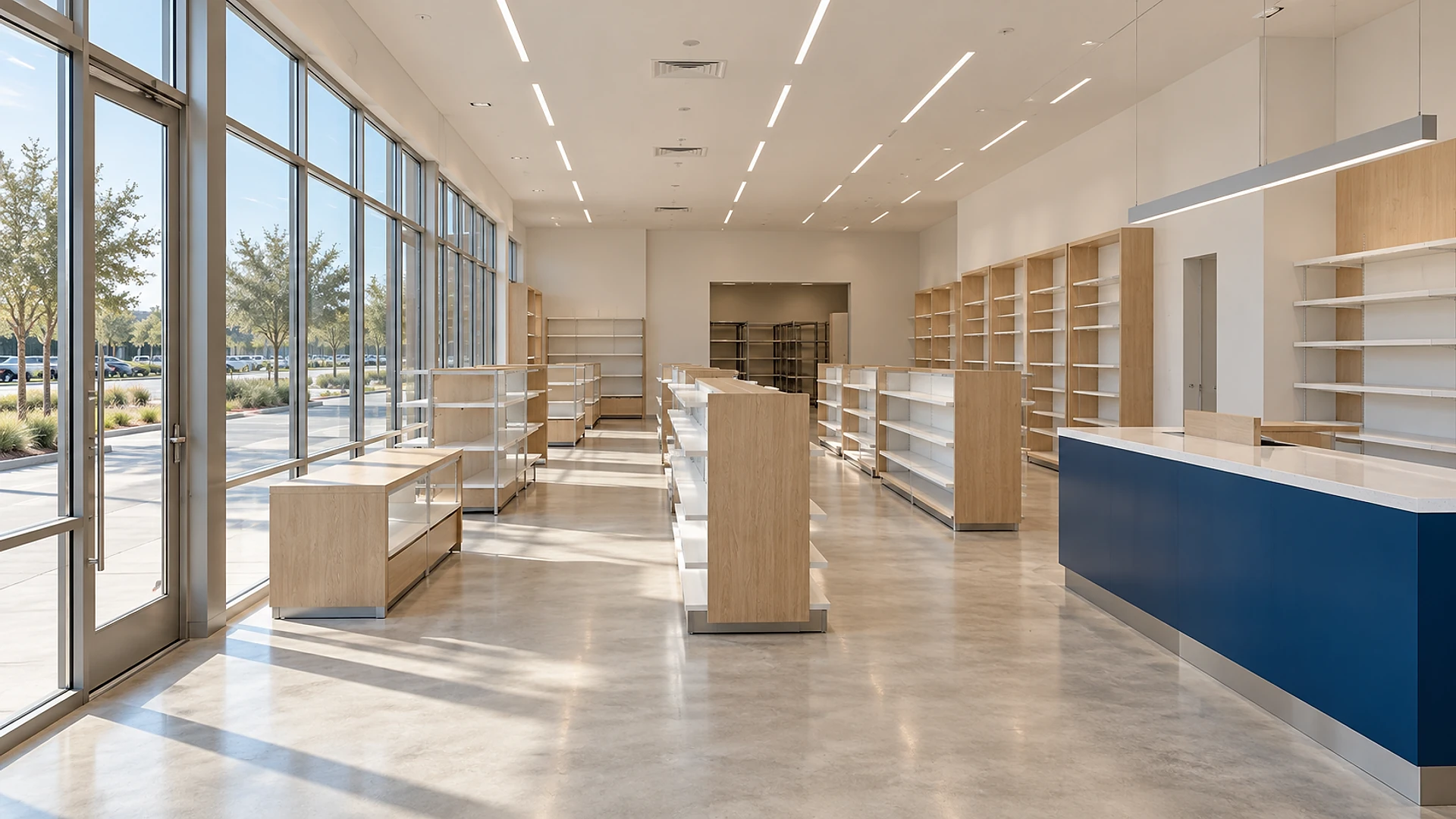 A newly finished, empty retail store seen from just inside the entrance: a tall glass storefront and door on the left look out on a sunlit parking lot and young trees, rows of empty light-oak and white shelving units stand on a pale polished concrete floor, a long checkout counter with a white top and a deep blue front runs along the right, white ceiling light strips lead to an open stockroom at the back