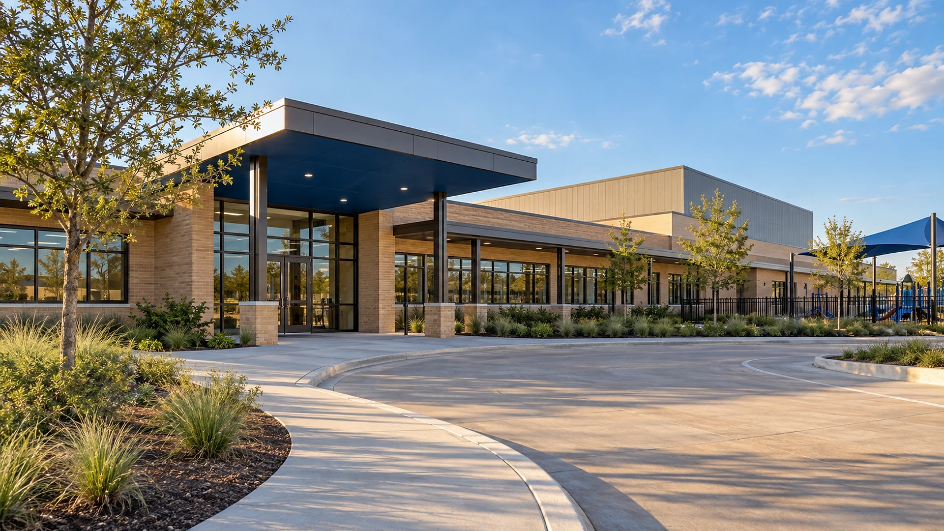 A new 1-story school building with warm tan brick walls and long bands of dark-framed windows, a deep entry canopy with a navy blue underside over glass entry doors, a covered walkway along the front, a taller metal-panel gym behind, and a black metal fence around a play yard with a blue shade sail at the right, seen in low golden sunlight from a curving concrete drop-off drive lined with young trees and planted beds