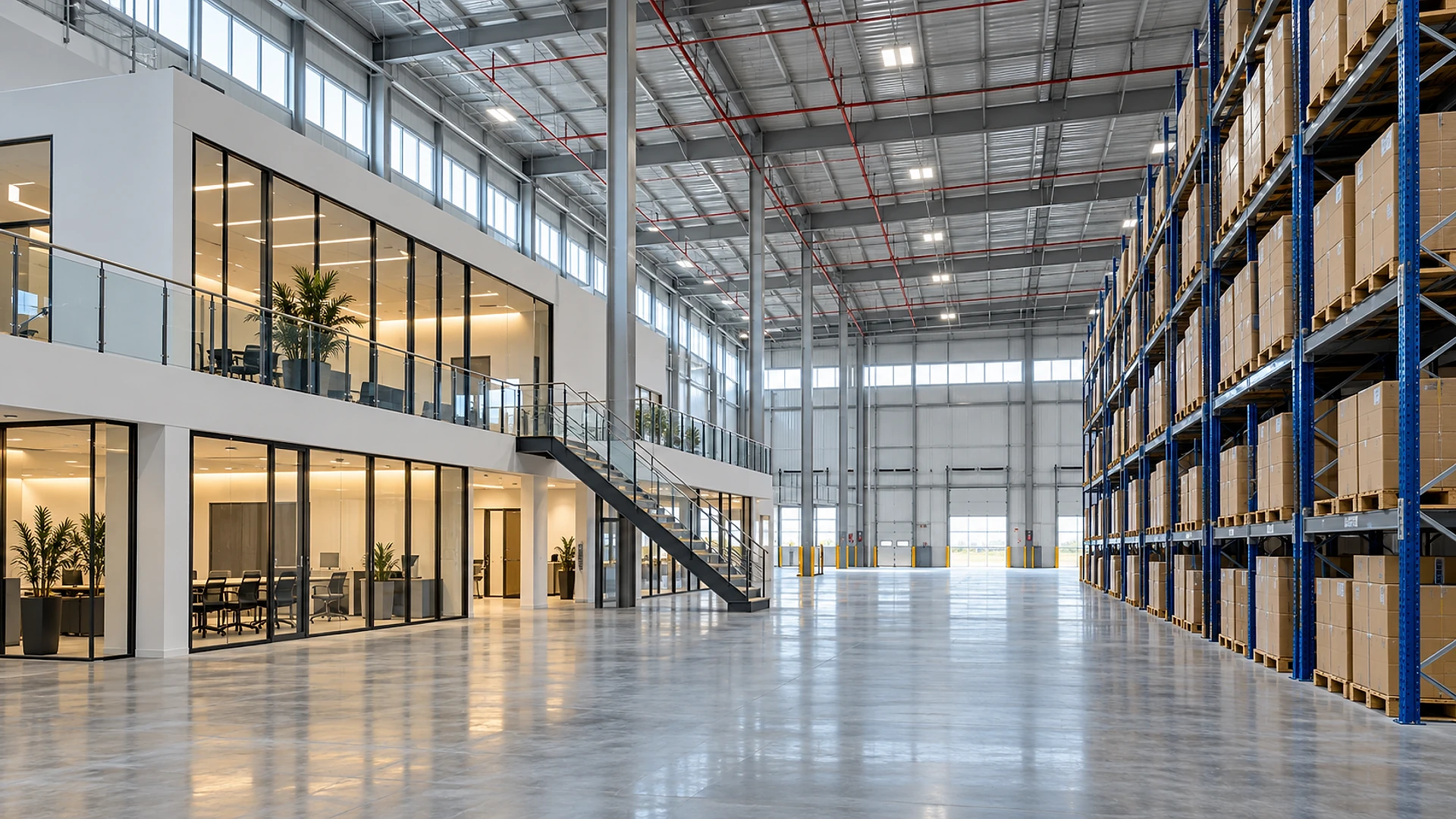 Inside a large warehouse: a white 2-level office block built against the left wall, with black-framed glass walls, lit offices and meeting rooms on both levels, a glass guardrail along the mezzanine and an open steel stair down to the polished concrete floor. Beyond it the open warehouse with grey steel columns, exposed roof joists, red sprinkler pipes, clerestory windows and dock doors at the far end, and a tall run of blue pallet racking stacked with plain cardboard boxes on the right